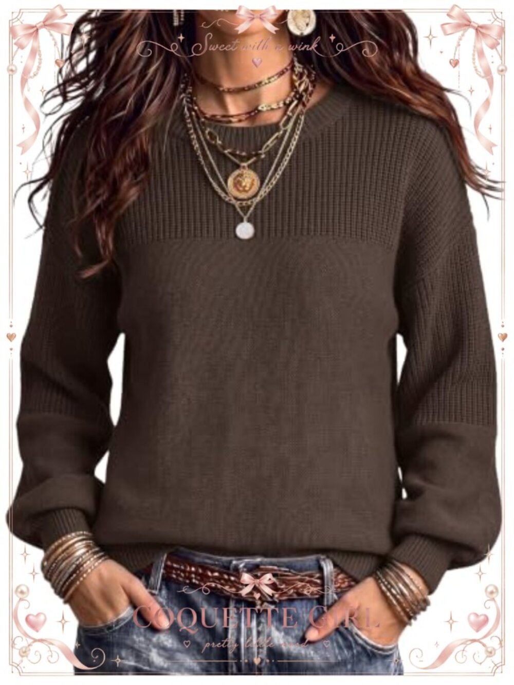 Cotton Acrylic Chunky Knit Pullover Sweater Loose Fit Crew Neck Long Sleeve